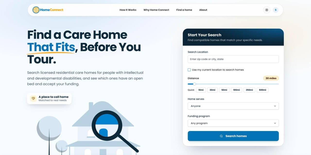 HomeConnect homepage: find a care home that fits, before you tour, with home search form